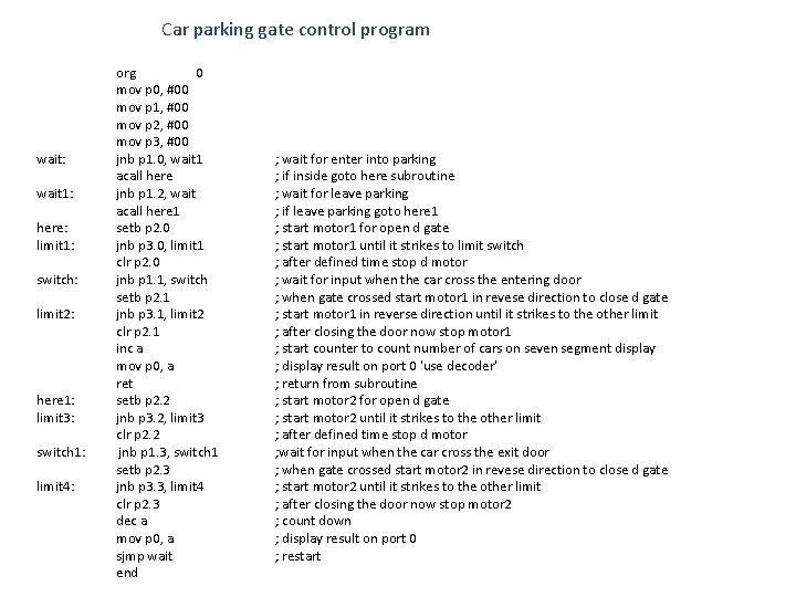 Car parking gate control program org 0 mov p 0, #00 mov p 1,