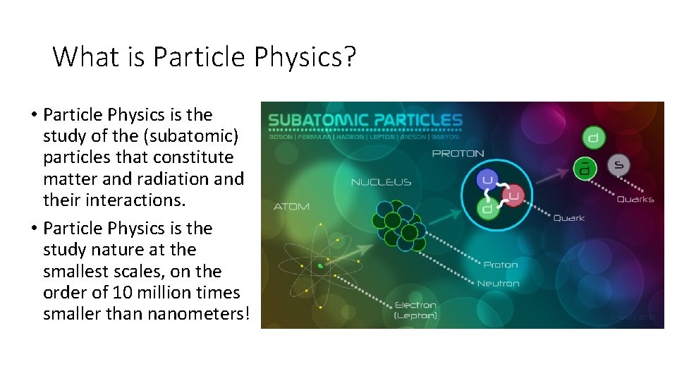 What is Particle Physics? • Particle Physics is the study of the (subatomic) particles