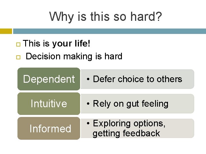 Why is this so hard? This is your life! Decision making is hard Dependent