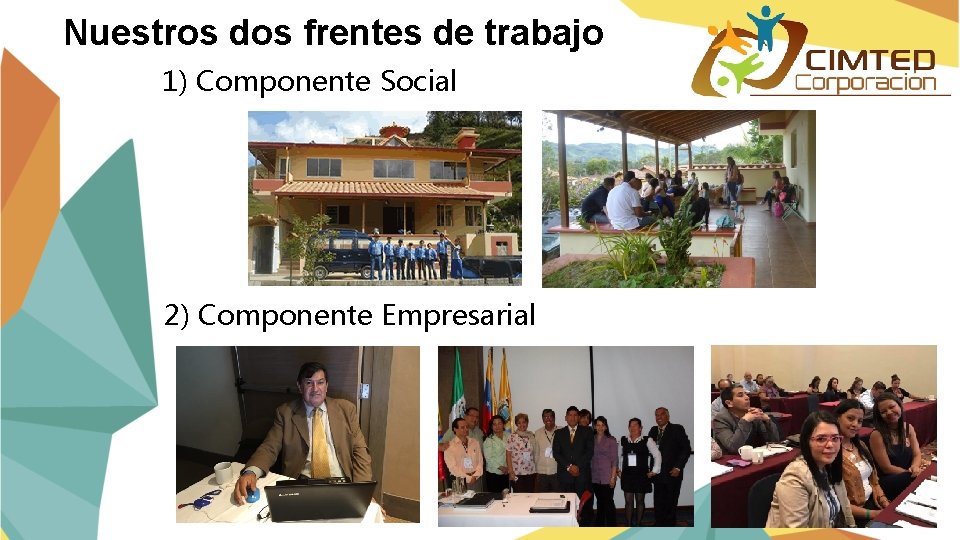 Nuestros dos frentes de trabajo 1) Componente Social 2) Componente Empresarial 