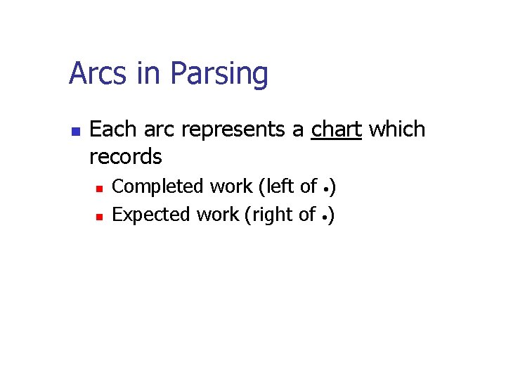 Arcs in Parsing n Each arc represents a chart which records n n Completed Arcs in Parsing n Each arc represents a chart which records n n Completed