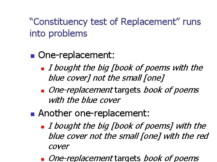 “Constituency test of Replacement” runs into problems n One-replacement: n n n I bought “Constituency test of Replacement” runs into problems n One-replacement: n n n I bought