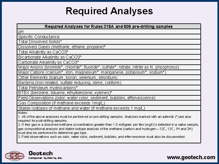 Required Analyses for Rules 318 A and 609 pre-drilling samples p. H Specific Conductance