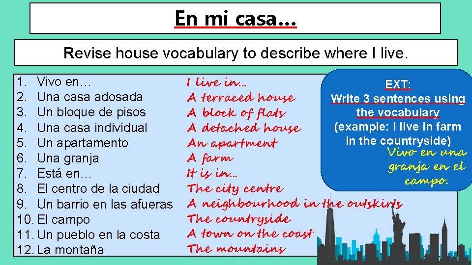 En mi casa… Revise house vocabulary to describe where I live. 1. Vivo en…