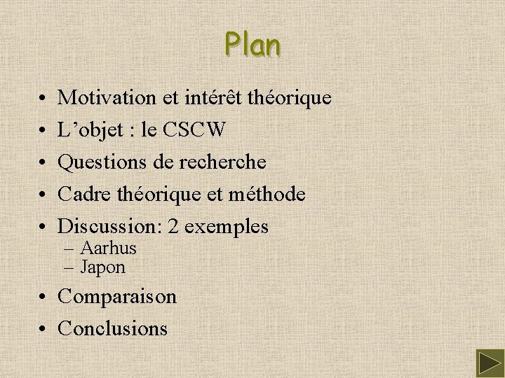 Plan • • • Motivation et intérêt théorique L’objet : le CSCW Questions de