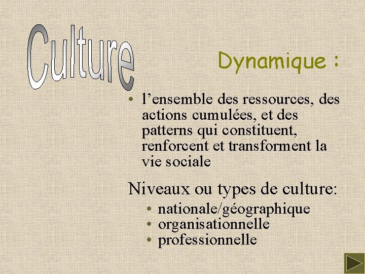 Dynamique : • l’ensemble des ressources, des actions cumulées, et des patterns qui constituent,