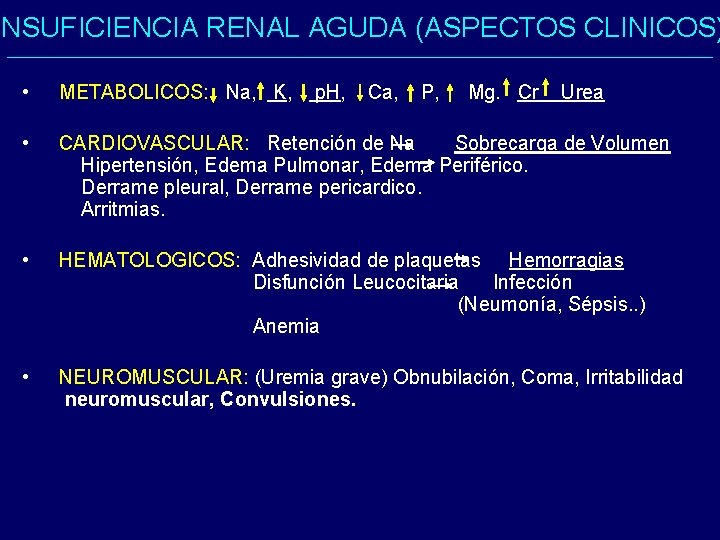 INSUFICIENCIA RENAL AGUDA (ASPECTOS CLINICOS) • METABOLICOS: Na, K, • CARDIOVASCULAR: Retención de Na INSUFICIENCIA RENAL AGUDA (ASPECTOS CLINICOS) • METABOLICOS: Na, K, • CARDIOVASCULAR: Retención de Na