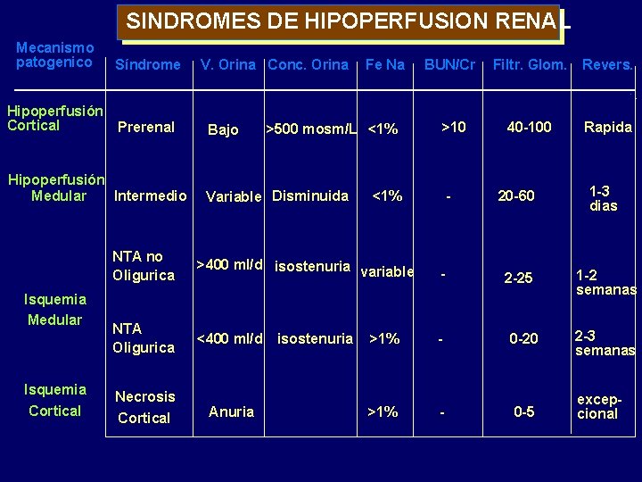 SINDROMES DE HIPOPERFUSION RENAL Mecanismo patogenico Síndrome Hipoperfusión Cortical Prerenal Hipoperfusión Medular Intermedio Isquemia SINDROMES DE HIPOPERFUSION RENAL Mecanismo patogenico Síndrome Hipoperfusión Cortical Prerenal Hipoperfusión Medular Intermedio Isquemia