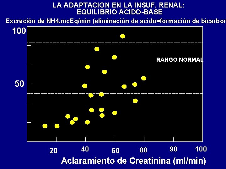 LA ADAPTACION EN LA INSUF. RENAL: EQUILIBRIO ACIDO-BASE Excreción de NH 4, mc. Eq/min LA ADAPTACION EN LA INSUF. RENAL: EQUILIBRIO ACIDO-BASE Excreción de NH 4, mc. Eq/min