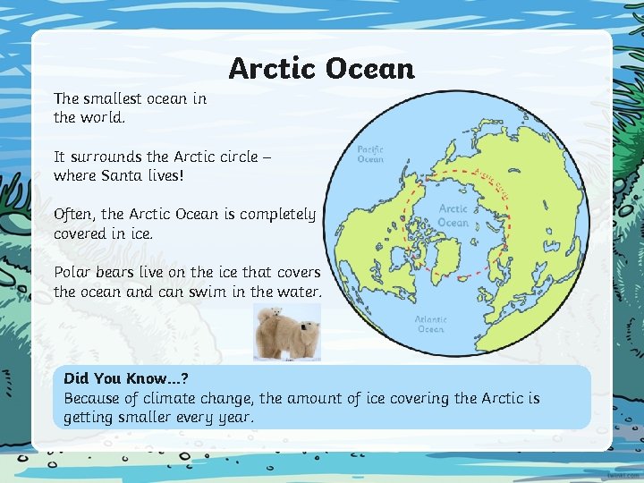 Arctic Ocean The smallest ocean in the world. It surrounds the Arctic circle – Arctic Ocean The smallest ocean in the world. It surrounds the Arctic circle –