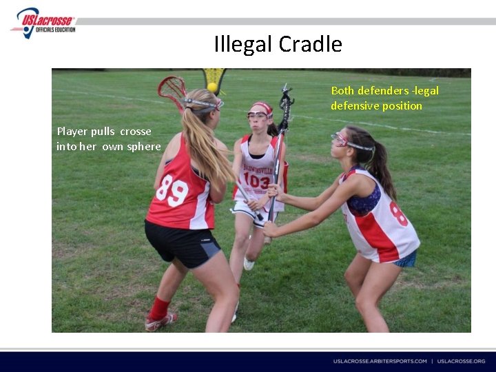 Illegal Cradle Both defenders -legal defensive position Player pulls crosse into her own sphere