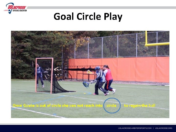 Goal Circle Play Once Goalie is out of circle she can not reach into