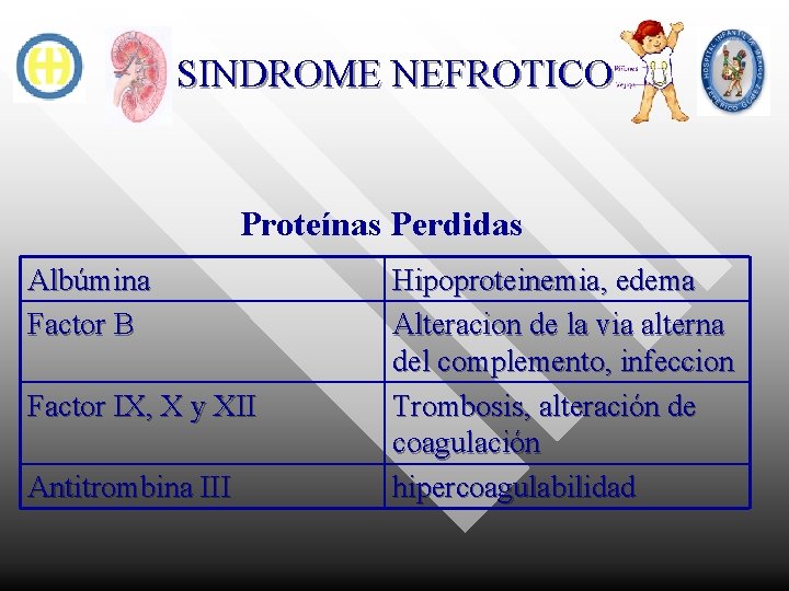 SINDROME NEFROTICO Proteínas Perdidas Albúmina Factor B Factor IX, X y XII Antitrombina III