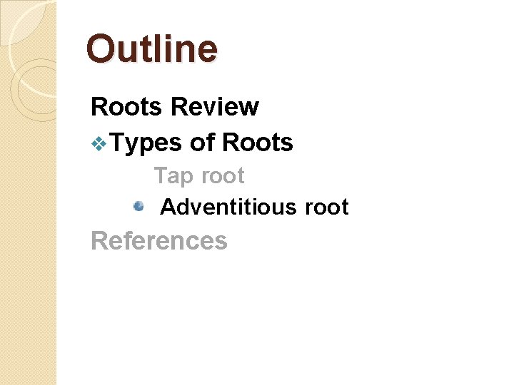 Outline Roots Review v. Types of Roots Tap root Adventitious root References 