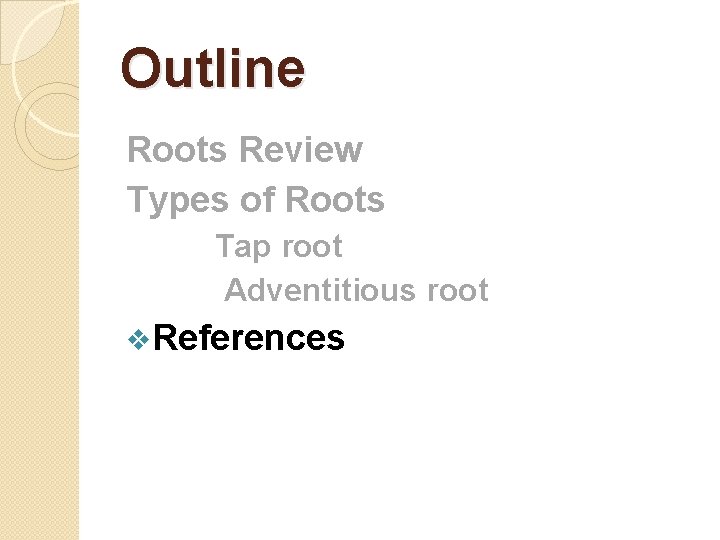 Outline Roots Review Types of Roots Tap root Adventitious root v. References 