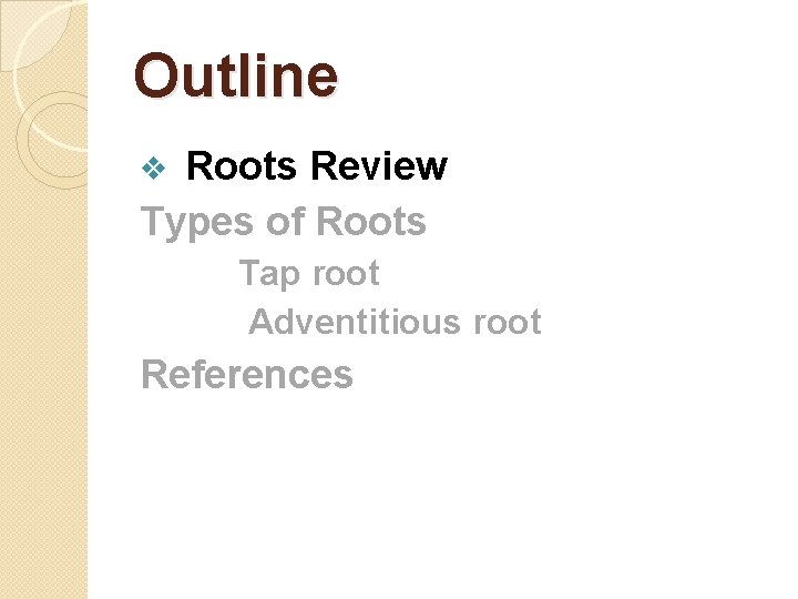 Outline Roots Review Types of Roots v Tap root Adventitious root References 