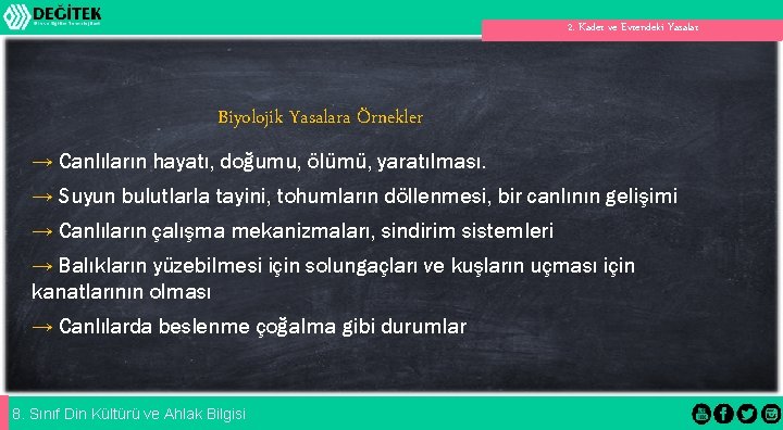 2. Kader ve Evrendeki Yasalar Biyolojik Yasalara Örnekler → Canlıların hayatı, doğumu, ölümü, yaratılması.