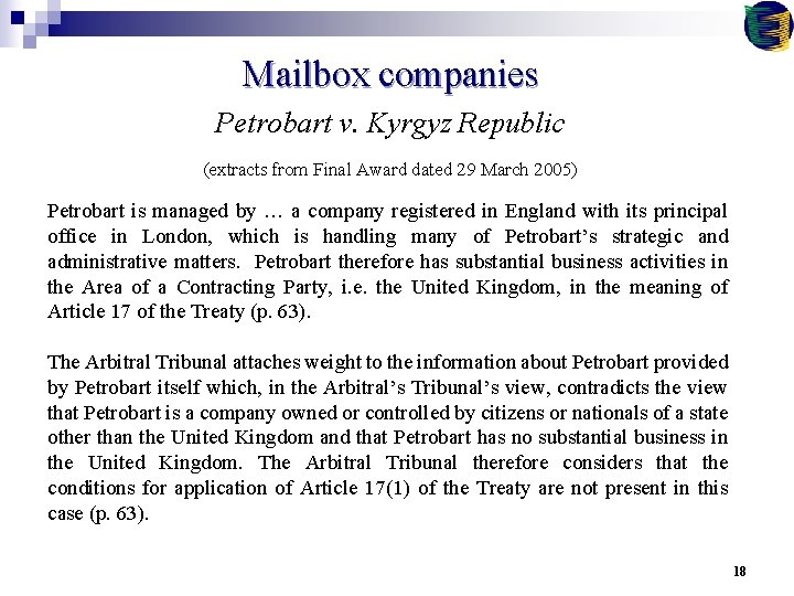 Mailbox companies Petrobart v. Kyrgyz Republic (extracts from Final Award dated 29 March 2005)