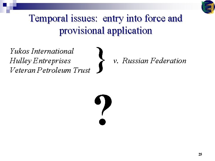 Temporal issues: entry into force and provisional application Yukos International Hulley Entreprises Veteran Petroleum
