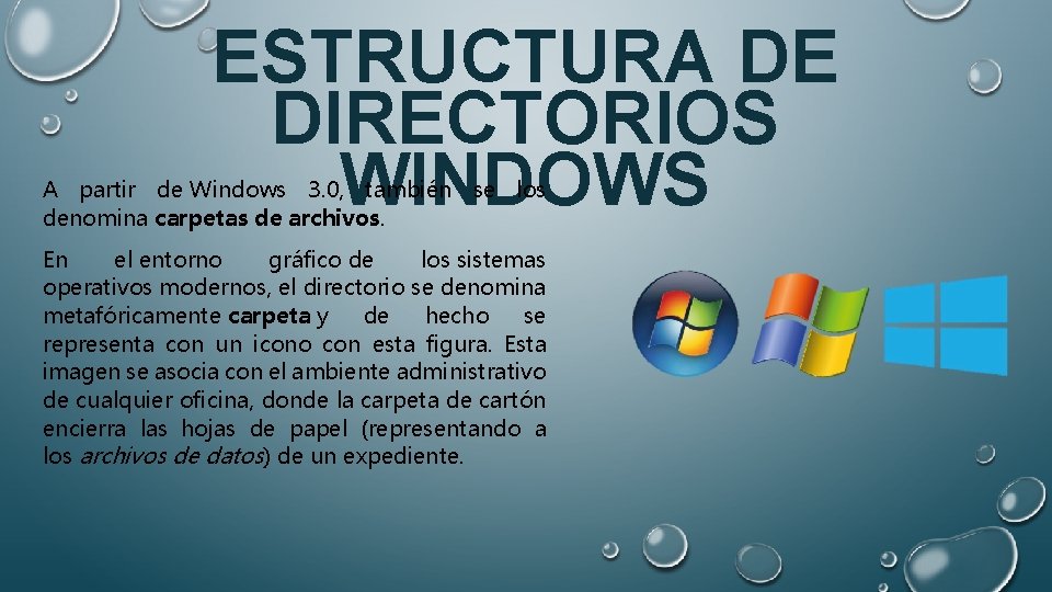 ESTRUCTURA DE DIRECTORIOS WINDOWS A partir de Windows 3. 0, también se los denomina