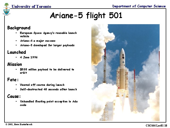 University of Toronto Department of Computer Science Ariane-5 flight 501 Background • European Space