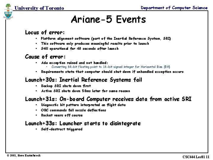 Department of Computer Science University of Toronto Ariane-5 Events Locus of error: • •