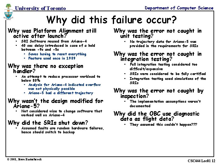 Department of Computer Science University of Toronto Why did this failure occur? Why was