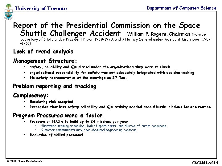 University of Toronto Department of Computer Science Report of the Presidential Commission on the