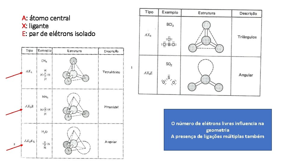 A: átomo central X: ligante E: par de elétrons isolado O número de elétrons