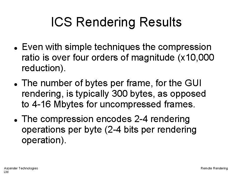 ICS Rendering Results Even with simple techniques the compression ratio is over four orders