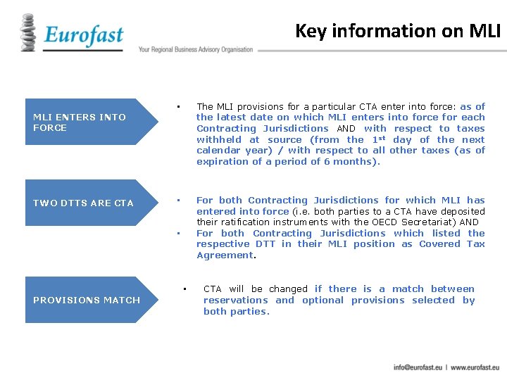 Key information on MLI ENTERS INTO FORCE TWO DTTS ARE CTA • The MLI