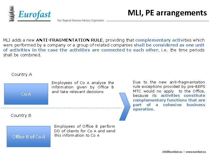 MLI, PE arrangements MLI adds a new ANTI-FRAGMENTATION RULE, providing that complementary activities which