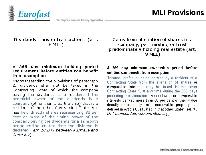 MLI Provisions Dividends transfer transactions (art. 8 MLI) Gains from alienation of shares in