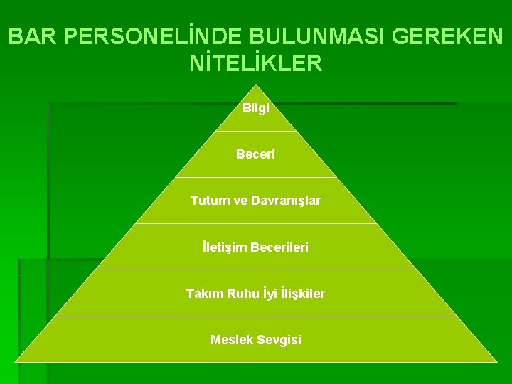 BAR PERSONELİNDE BULUNMASI GEREKEN NİTELİKLER Bilgi Beceri Tutum ve Davranışlar İletişim Becerileri Takım Ruhu