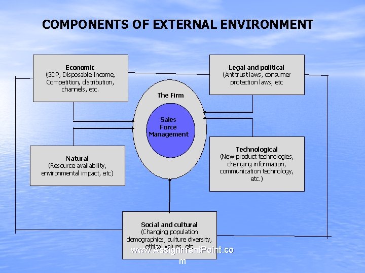 COMPONENTS OF EXTERNAL ENVIRONMENT Economic (GDP, Disposable Income, Competition, distribution, channels, etc. Legal and