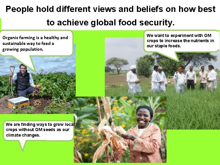 People hold different views and beliefs on how best Debates to achieve global food