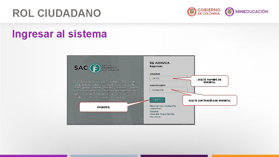 ROL CIUDADANO Ingresar al sistema DIGITE NOMBRE DE USUARIO. DIGITE CONTRASEÑA DE USUARIO. INGRESA.