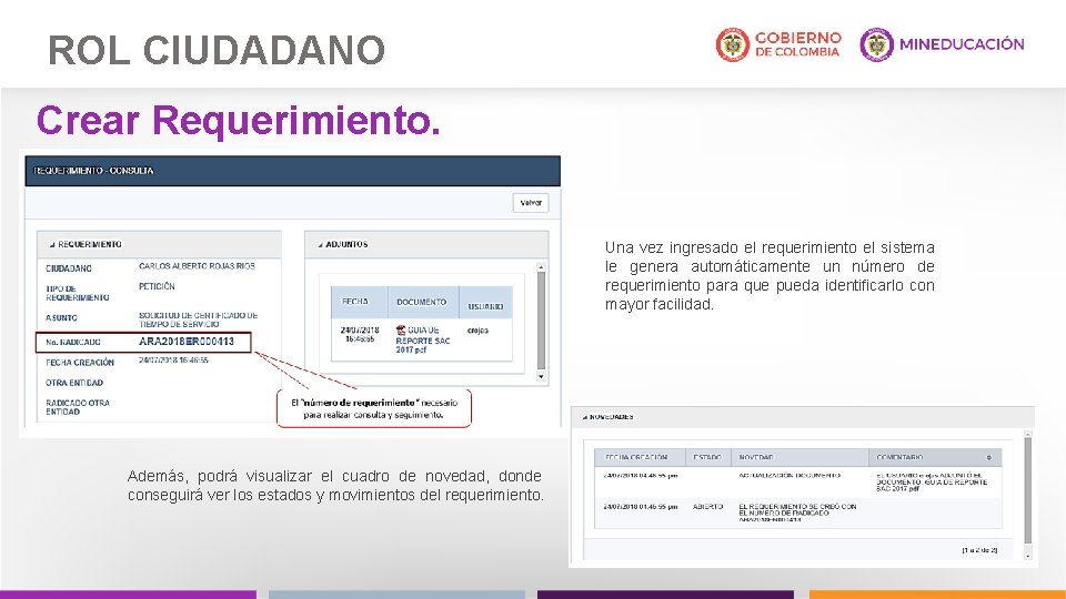 ROL CIUDADANO Crear Requerimiento. Una vez ingresado el requerimiento el sistema le genera automáticamente