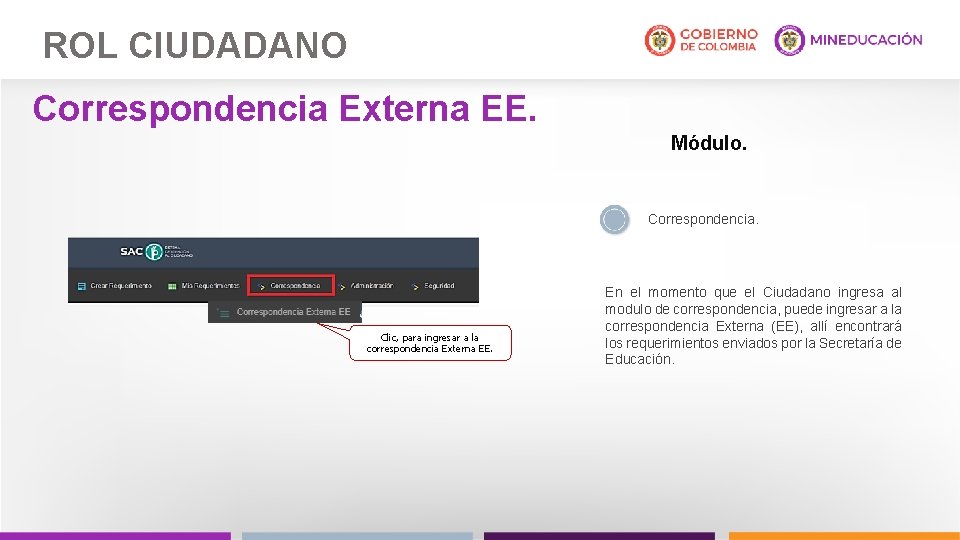 ROL CIUDADANO Correspondencia Externa EE. Módulo. Correspondencia. Clic, para ingresar a la correspondencia Externa