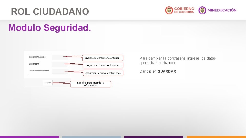 ROL CIUDADANO Modulo Seguridad. Ingrese la contraseña anterior. Ingrese la nueva contraseña. confirmar la