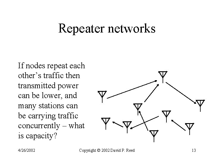 Repeater networks If nodes repeat each other’s traffic then transmitted power can be lower, Repeater networks If nodes repeat each other’s traffic then transmitted power can be lower,