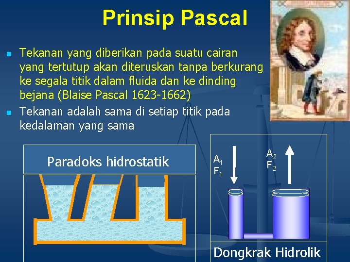 Prinsip Pascal n n Tekanan yang diberikan pada suatu cairan yang tertutup akan diteruskan