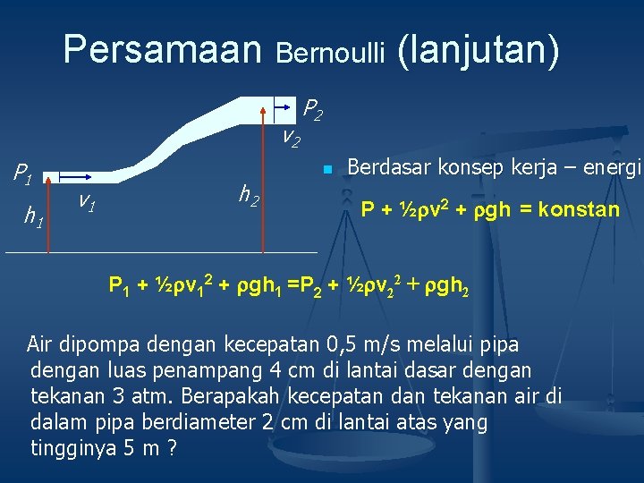 Persamaan Bernoulli (lanjutan) v 2 P 1 h 1 P 2 n v 1