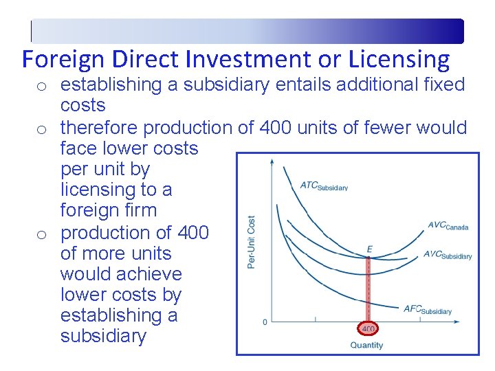 Foreign Direct Investment or Licensing o establishing a subsidiary entails additional fixed costs o