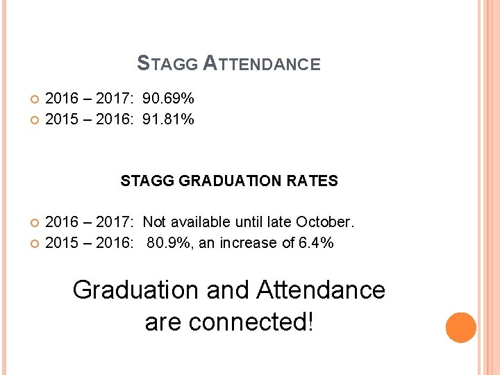 STAGG ATTENDANCE 2016 – 2017: 90. 69% 2015 – 2016: 91. 81% STAGG GRADUATION