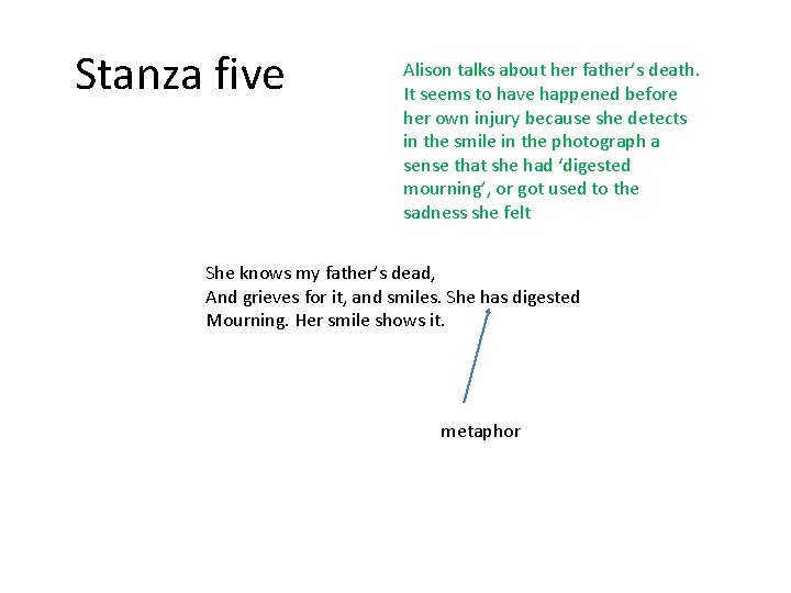 Stanza five Alison talks about her father’s death. It seems to have happened before