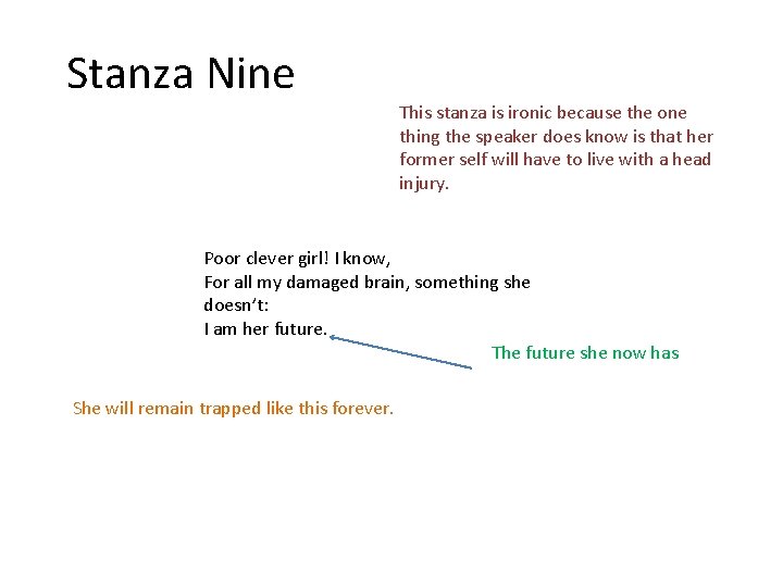 Stanza Nine This stanza is ironic because the one thing the speaker does know
