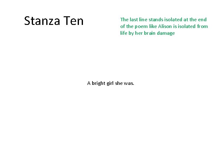 Stanza Ten The last line stands isolated at the end of the poem like