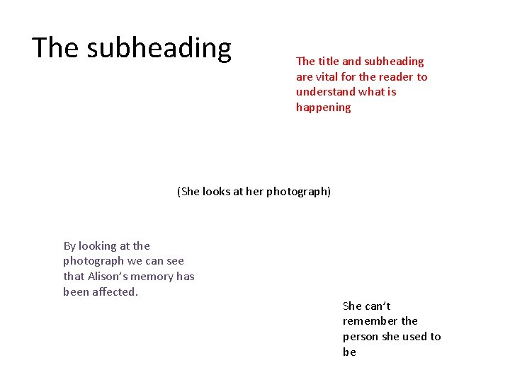 The subheading The title and subheading are vital for the reader to understand what