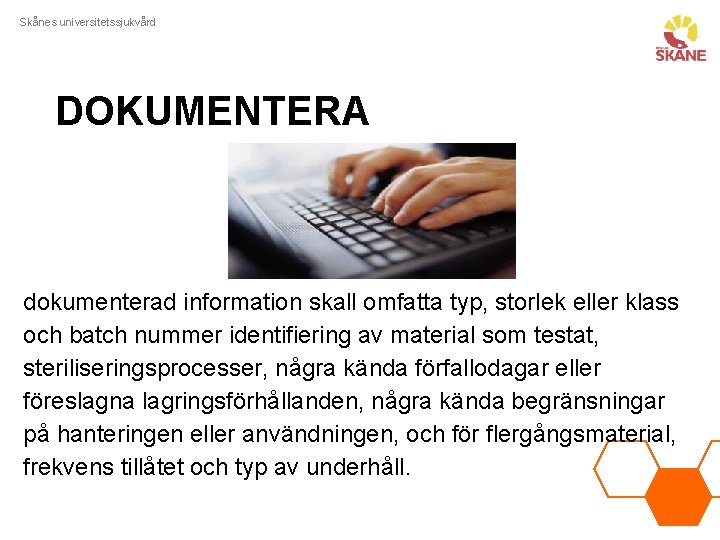 Skånes universitetssjukvård DOKUMENTERA dokumenterad information skall omfatta typ, storlek eller klass och batch nummer